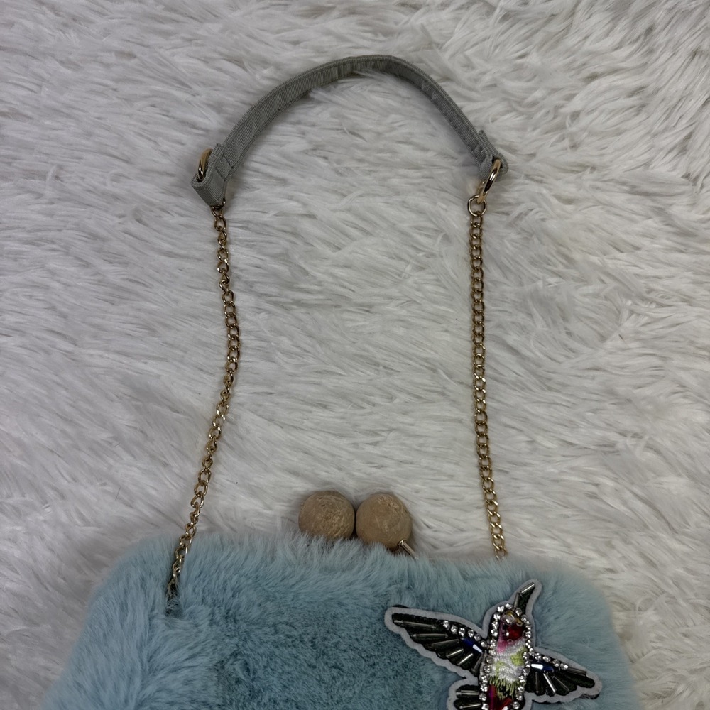 Vintage Blue Faux Fur Clamshell Handbag Bird Chain Strap Evening Purse - Picture 2 of 10